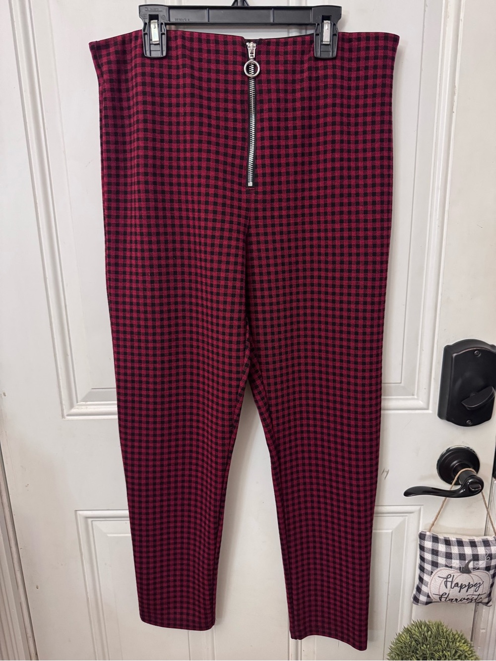 Women’s Zara Basic Red & Black Gingham Leggings with Front Zip XL